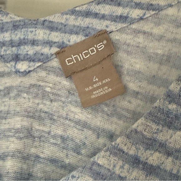 Chico's Blue White Striped 100% Linen V-Neck Short Sleeve Top Women's Size 4 XXL - Picture 2 of 4